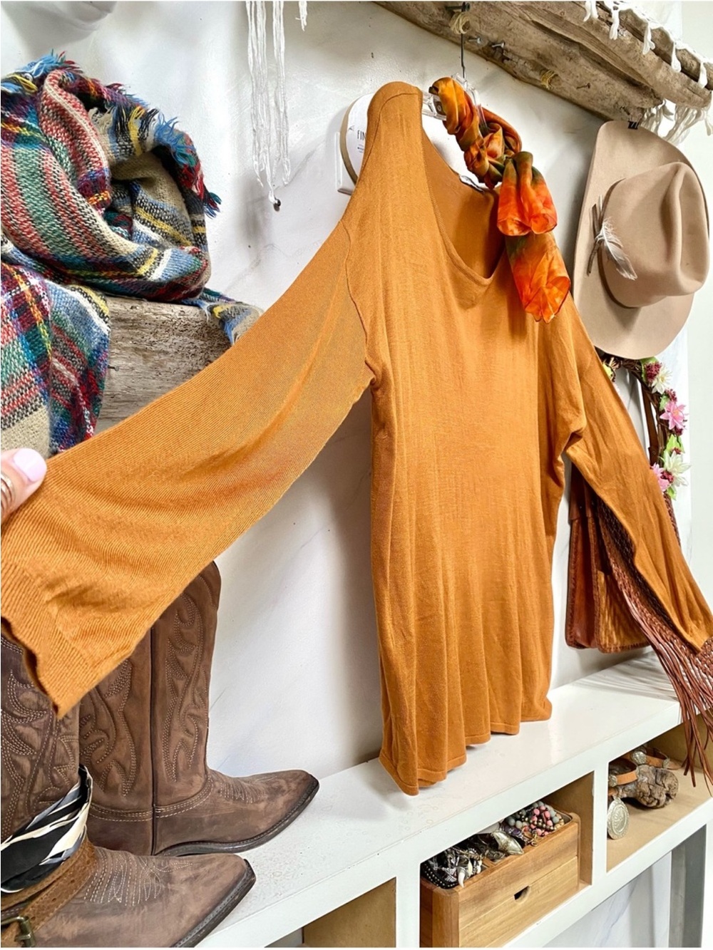 Fall rustic Copper knit boho sweater shabby chic cottagecore prairie vibe - Picture 8 of 11